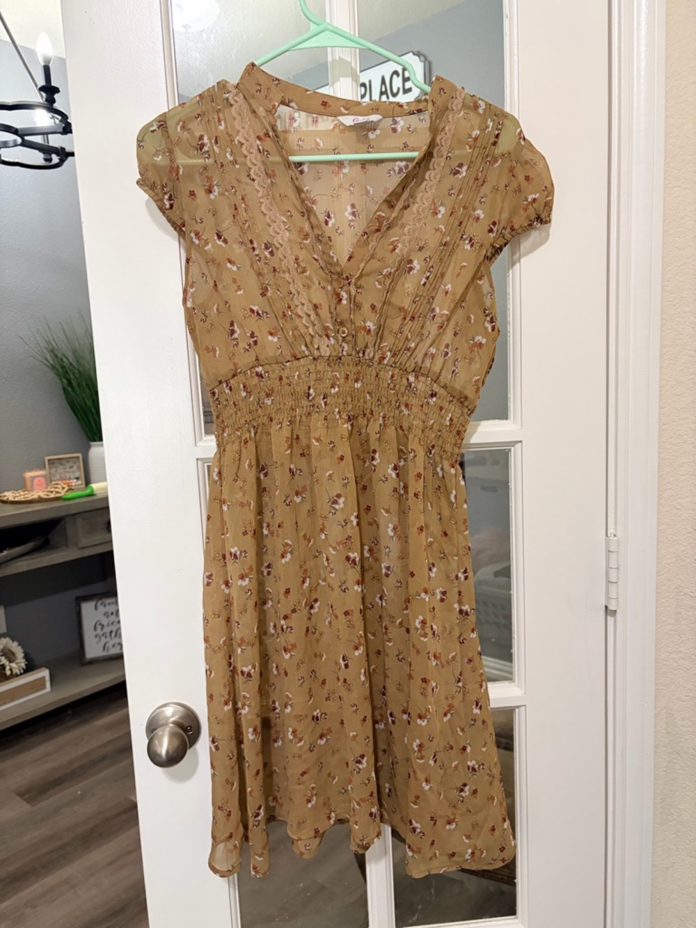 Candie's Mustard Floral Midi Dress with Smocked Waist